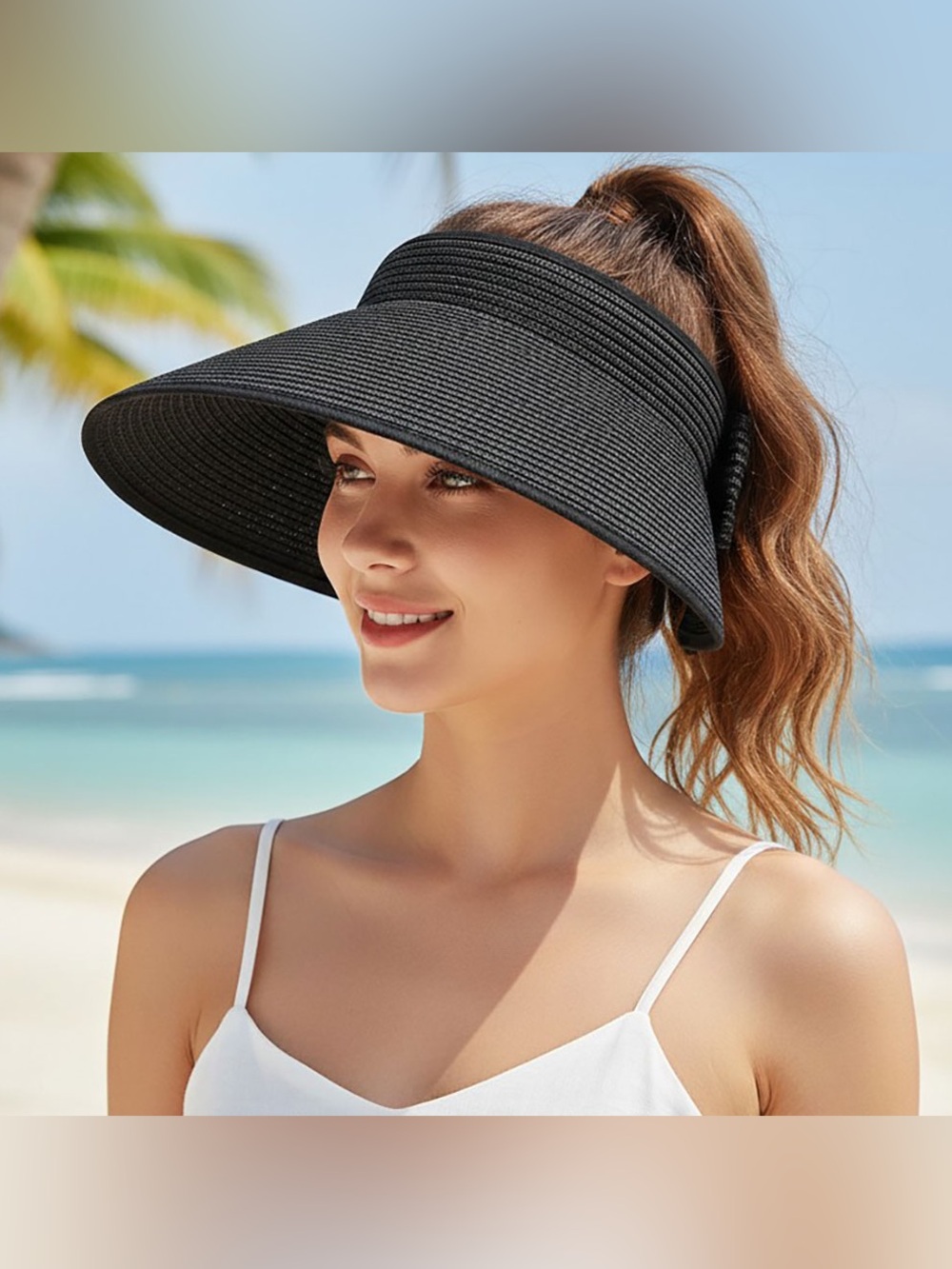Wide Brim Black Straw Visor Hat with Ponytail Opening